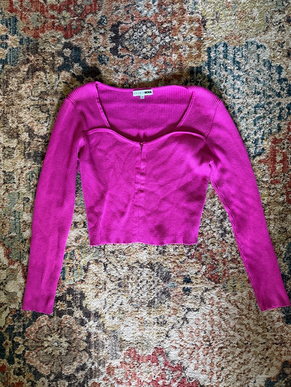 Fashion Nova Fuchsia Ribbed Long Sleeve Crop Top